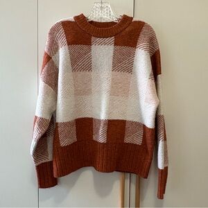 Patterned womens Plaid Knit Sweater - Rust and Cream